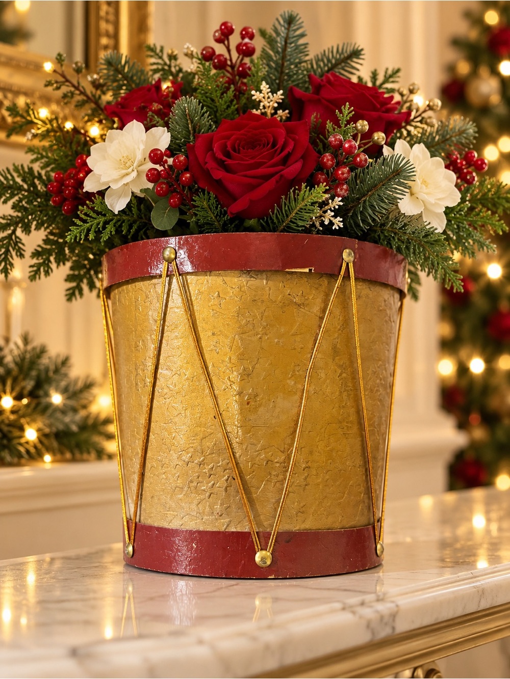 Approx. 8” Christmas Drum Flower Pot Gold Stars & Burgundy Trim
